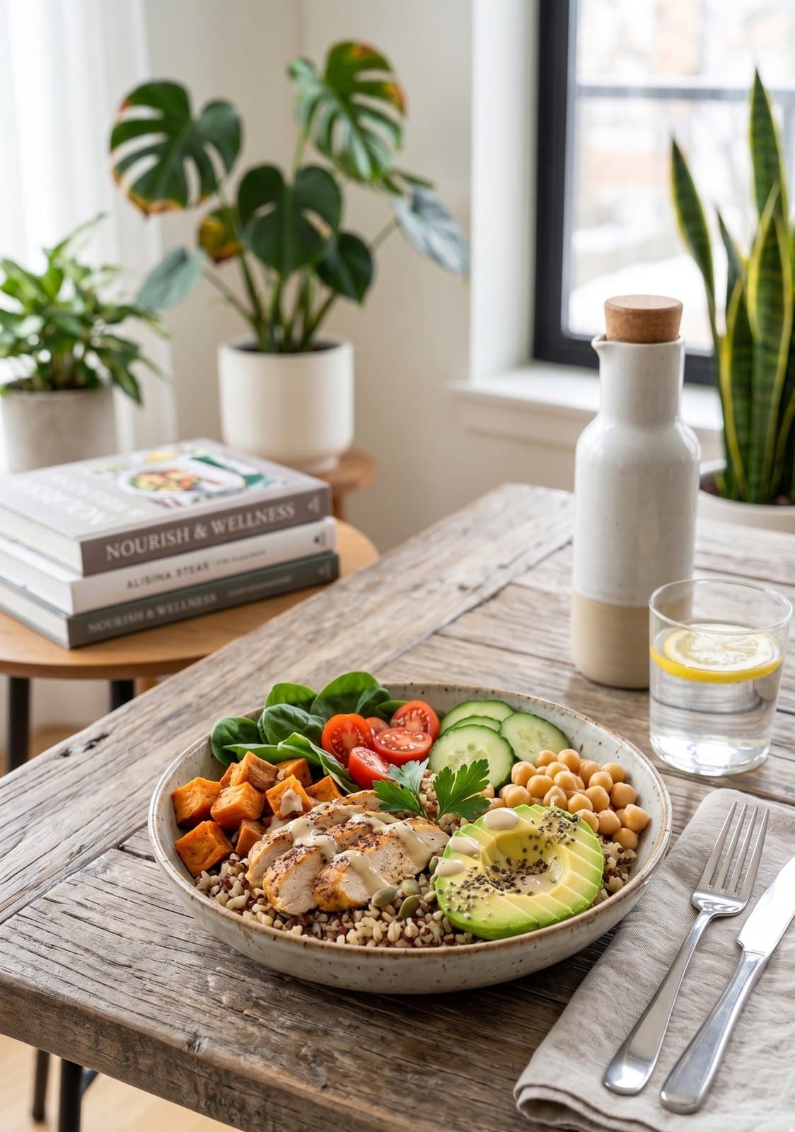 Chef-prepared, portion-controlled meal — chicken, sweet potato, avocado, chickpeas, cucumber, and tomato in a ceramic bowl